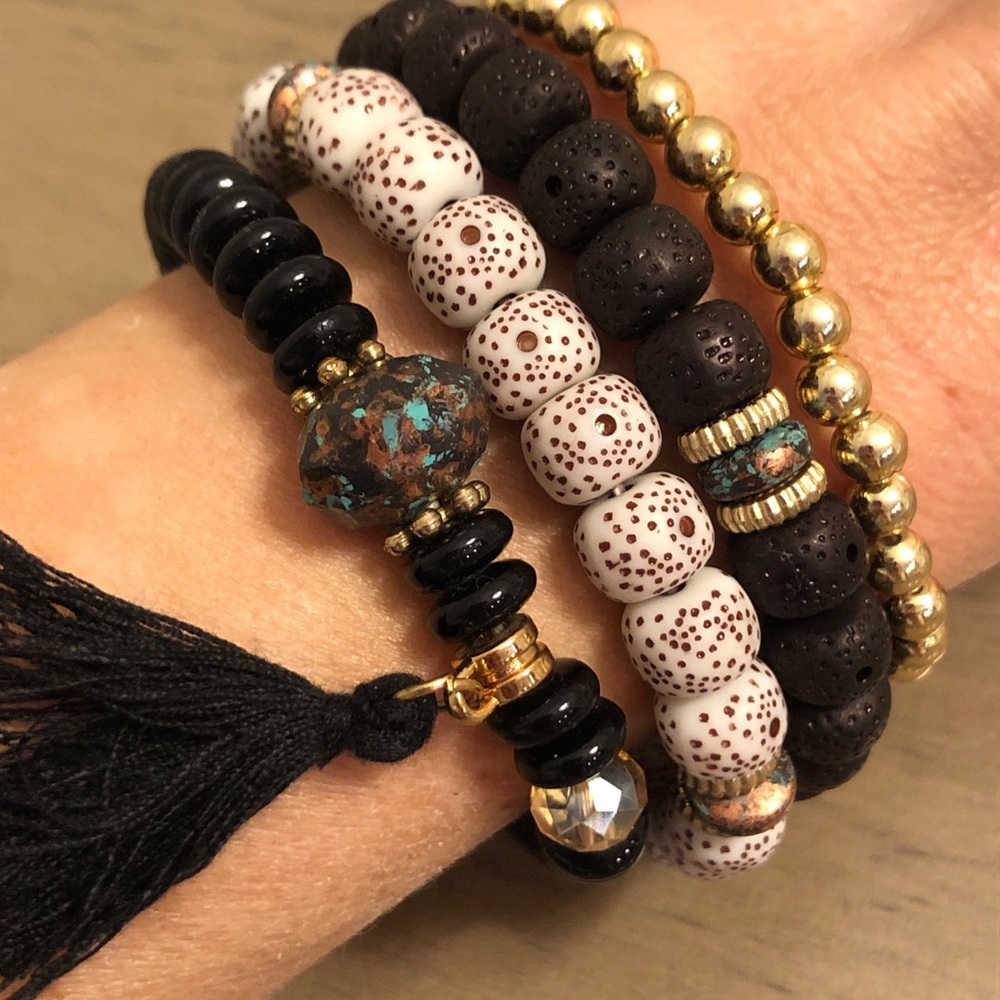 Elegant Black Gold Tone Brown and Teal Beaded Tassel Bracelet Set of 4